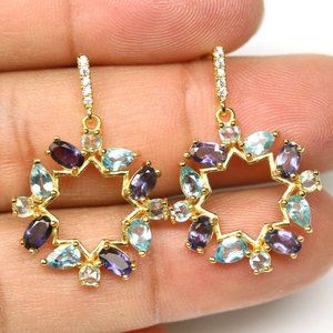Natural Sky Blue Purple Topaz & Iolite .925 Sterling Silver Dangle Earrings